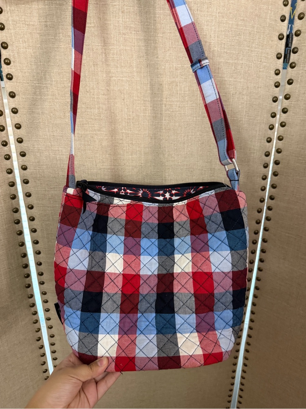 Vera Bradley Quilted Plaid Crossbody in Red, Blue & Gray